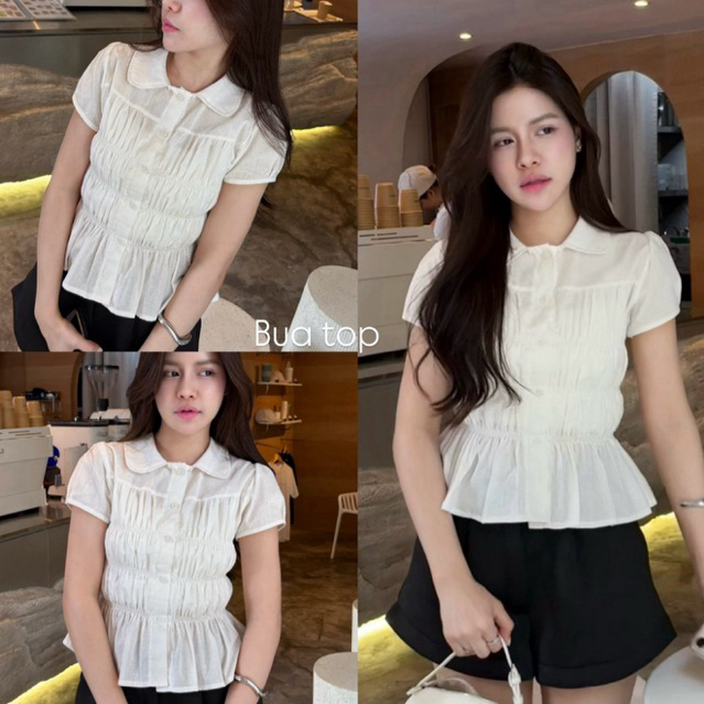 Bua top - เสื้อแขนตุ๊กตาคอบัว แขนพอง กระดุมหน้า ผ้าฝ้ายหนาทรงสวย (คอบัว)