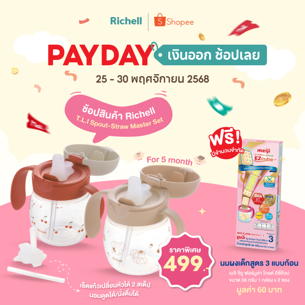 Richell(ริเชลล์)  T.L.I Spout-Straw Master Set เซ็ตแก้วเปลี่ยนหัวได้ 2 สเต็ป ใช้ได้ตั้งแต่5เดือน นอนดูดได้/นั่งดื่มได้