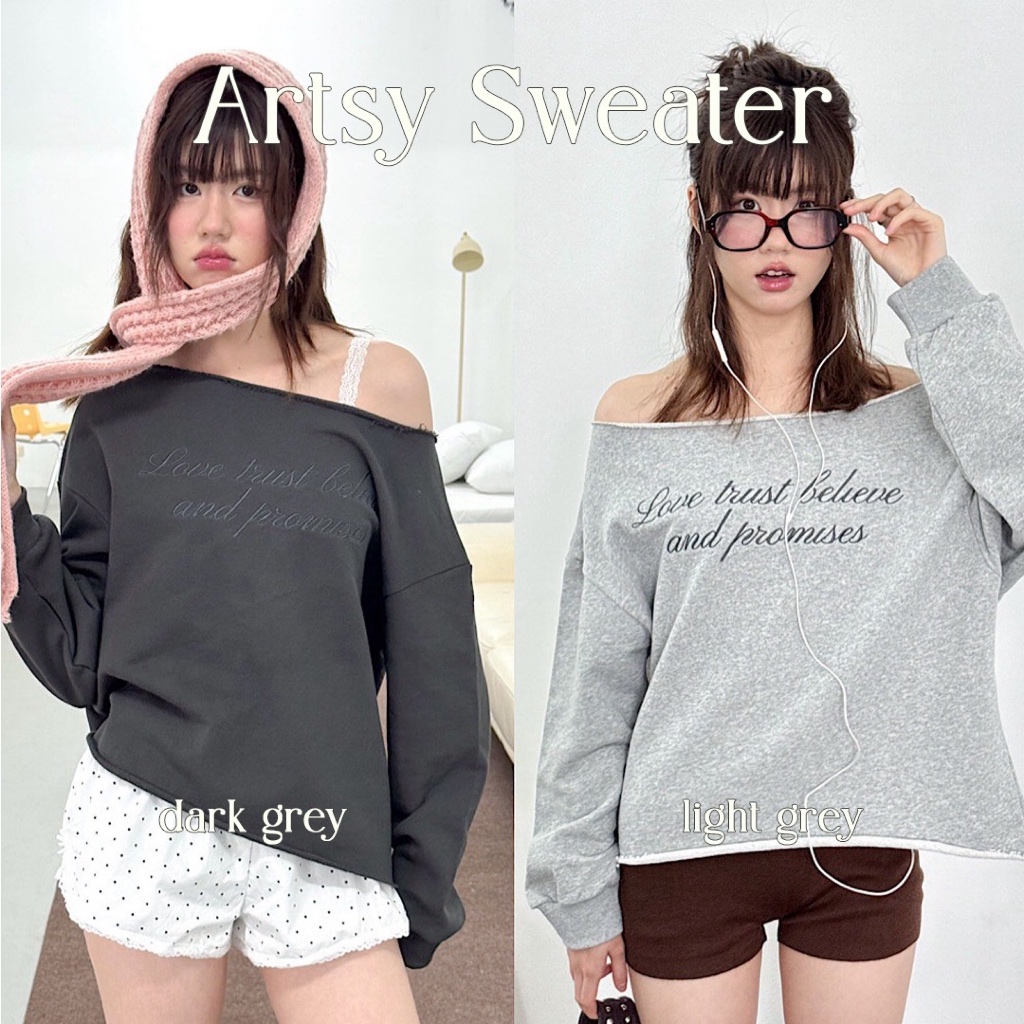 Choosedress A7165  Artsy Sweater เสื้อสเวตเตอร์ปาดไหล่ ลายตัวอักษร