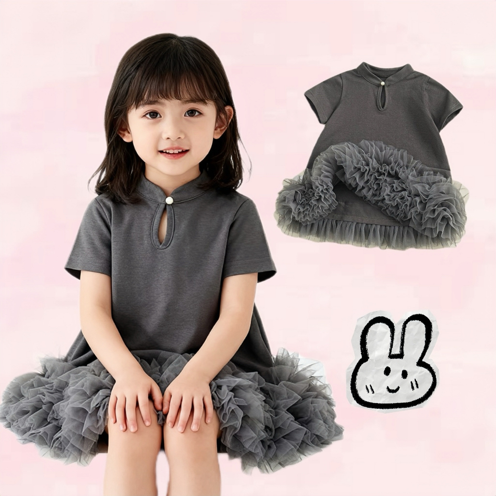 BB158  ชุดเดรสเด็กผู้หญิง สีเทา แขนยาว ขนฟูรอบชายกระโปรง โทนหวานน่ารัก สไตล์เกาหลี