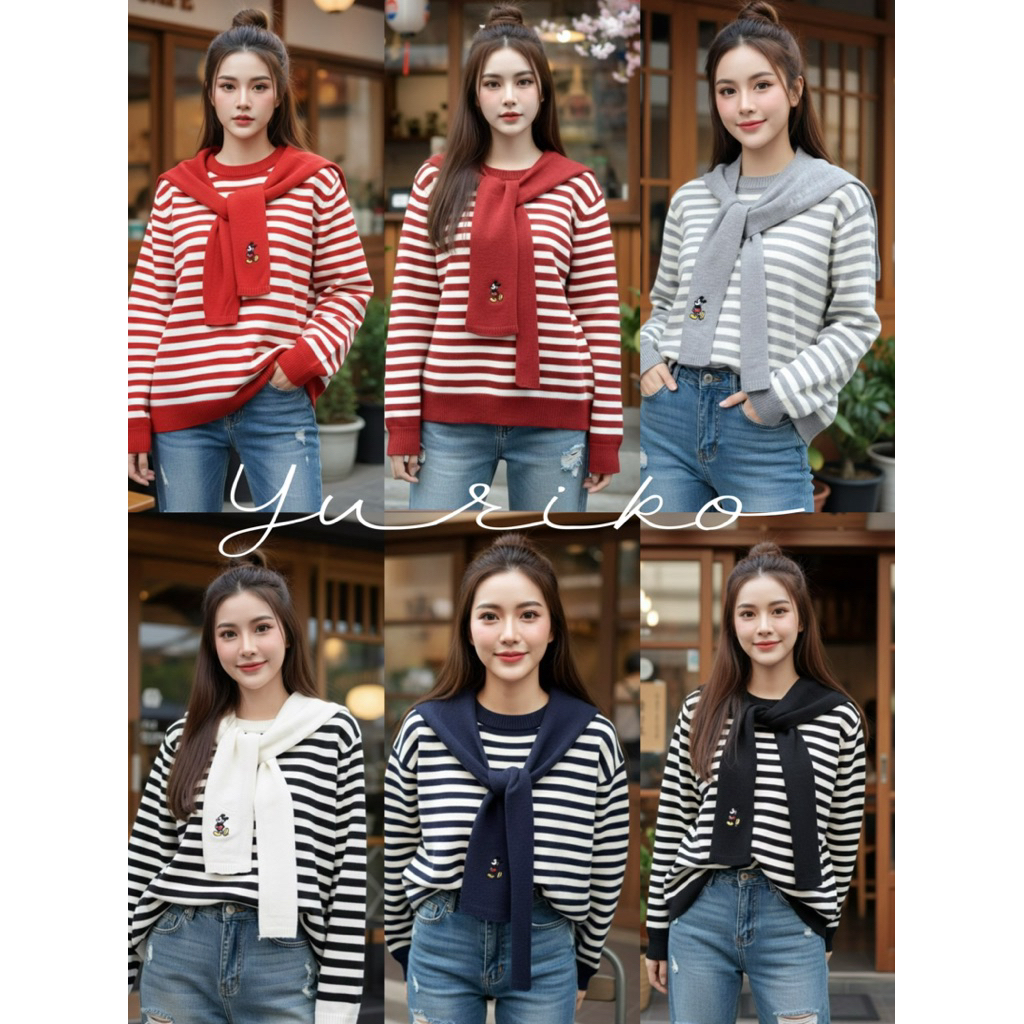 เสื้อไหมพรมแขนยาวทอนิ้วมีผ้าคลุมไหล่ผูกคอปีกลายมิคกี้นาารีกมาก
