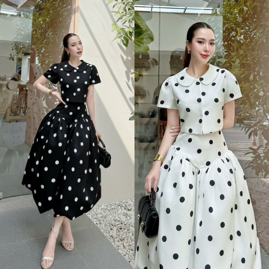 เซตลายจุด2ชิ้นผ้าสูทอัดกาวผ้ามีน้ำหนักทรงเสื้อคอบัวแขนสั้นกระดุมซ่อนมาพร้อมกระโปรงทรงบอลลูนเอวสูง