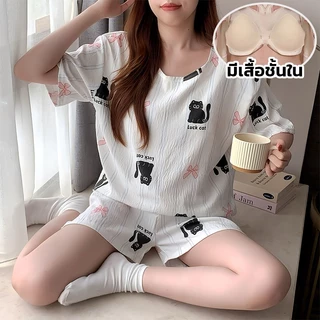 ชุดนอนแขนสั้นขาสั้น เสื้อคอกลม มีฟองน้ำในตัว ชุดนอนลายการ์ตูนแขนสั้นขาสั้น M-3XL