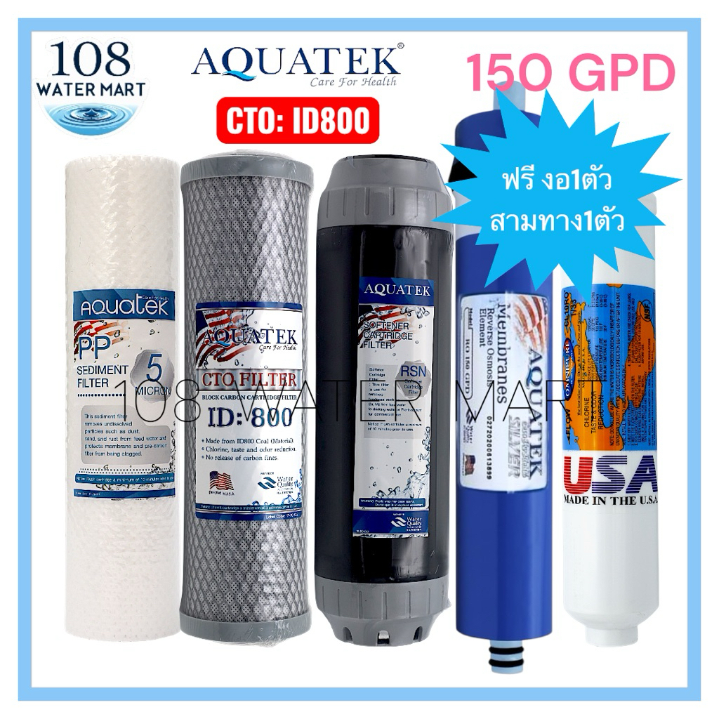 ชุดไส้กรองน้ำ 5 ขั้นตอน RO Membrane Set 2 Aquatek พร้อมฟิตติ้ง 2 ชิ้น