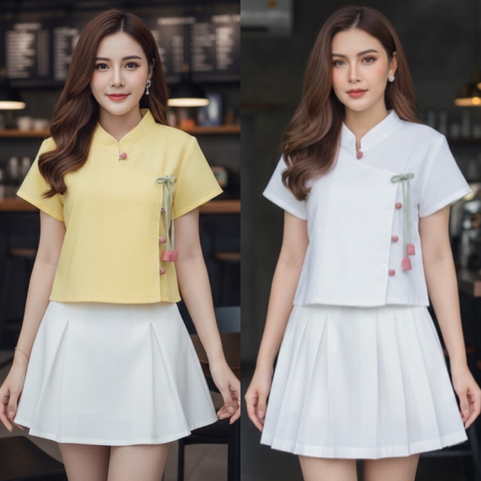 CNX - รุ่นป้ายติดกระดุมดอกทิวลิป เสื้อคอจีนผู้หญิง ใส่เที่ยว ใส่ออกงานบุญ งานบวช ทรงสวย