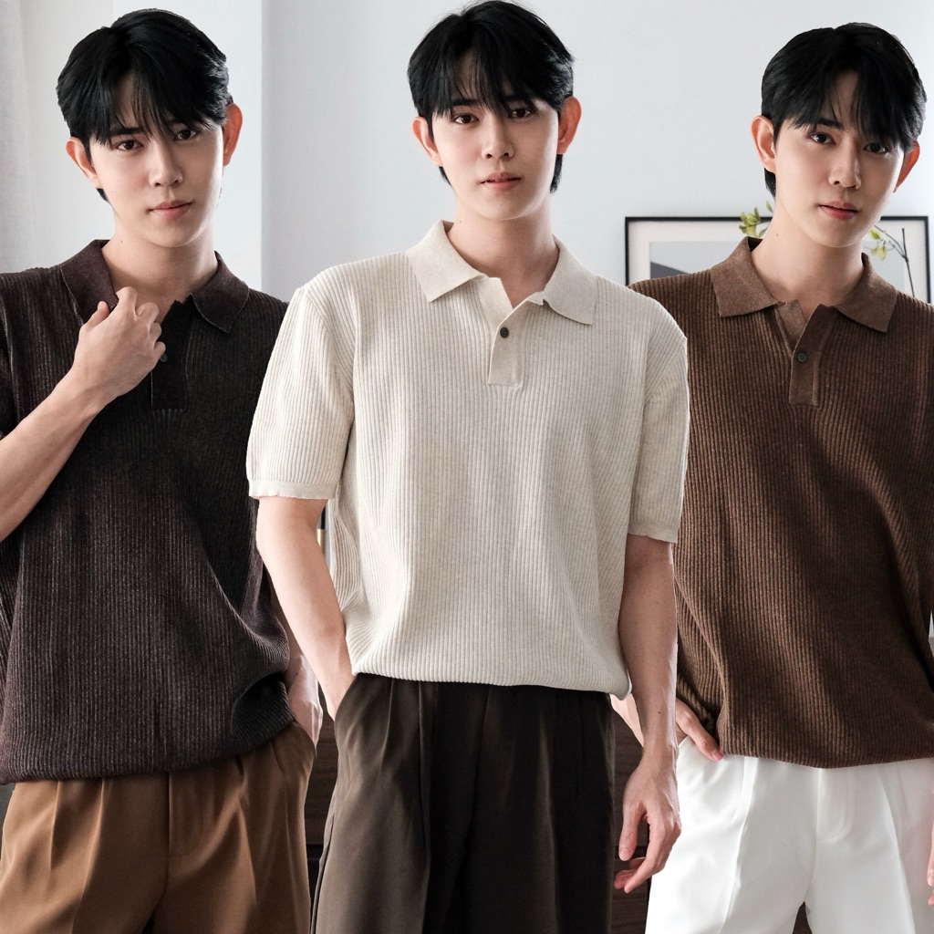 เสื้อโปโลผ้าร่อง สีเอิร์ธโทน รุ่น Ribbed Knit Polo Shirt By HLO