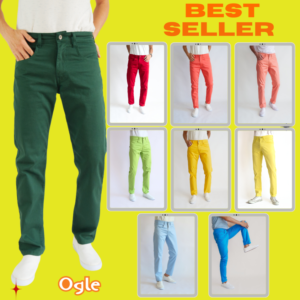 กางเกงสีสด ขายาวทรงกระบอก ทรงสวย สีแดง ผ้าคอตตอนยืดและฟอก นุ่มมากสีไม่ตก 5092013