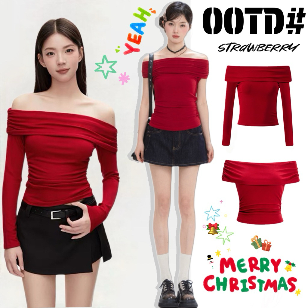 STR พร้อมส่ง🎄👠เสื้อสีแดงผู้หญิง เสื้อยืดปาดไหล่แขนยาว สีพื้นเอวลอยทรงรัดรูป สไตล์สวาเกาหลี ชุดไปเที่