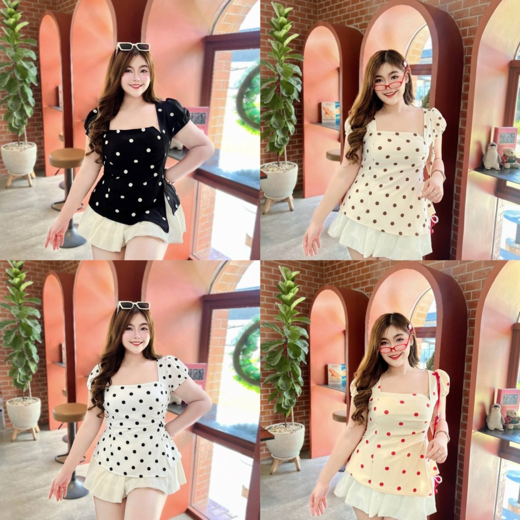 เสื้อคอเหลี่ยมลายโพกาดอท อก 38-46 ยาว25 มี5สี  ผ้าวูฟเวฟสาวอวบ ราคา ถูกที่สุด ดีลบีเคเค