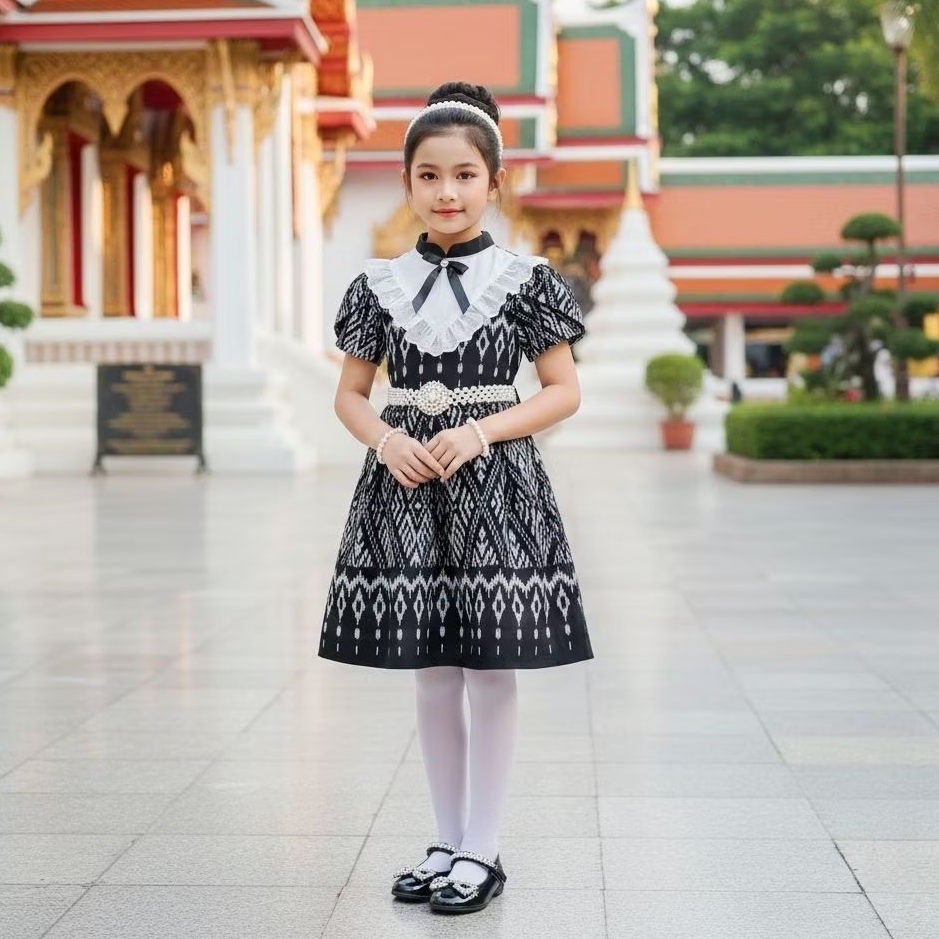 ชุดมินิเดรสลายไทยสำหรับเด็กผู้หญิง งานผ้าฝ้ายพิมพ์ลาย