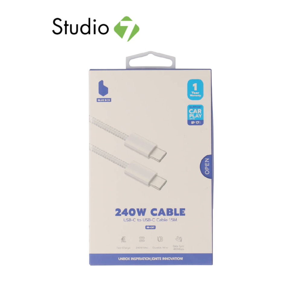 สายชาร์จ Blue Box USB-C to USB-C 240W Super Fast Charge Knitting White (BB-C07) by Studio7