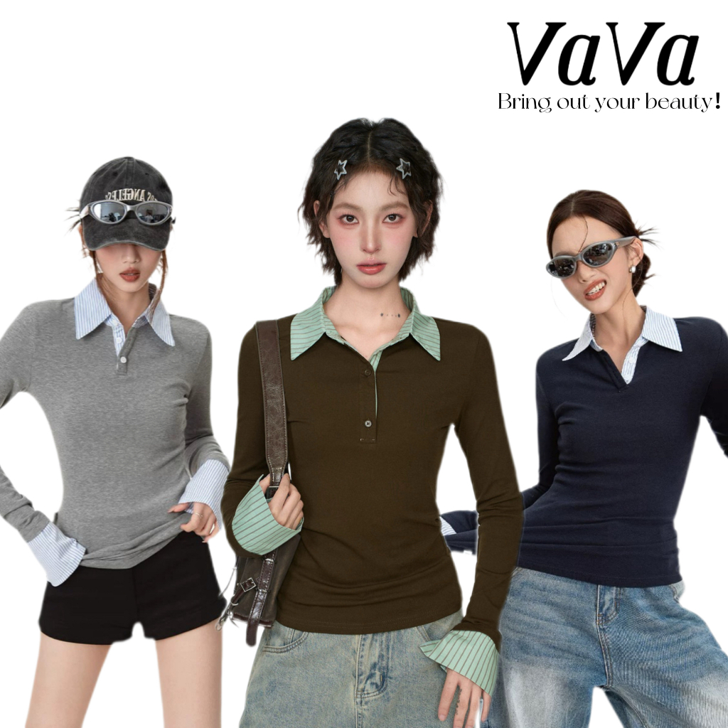 VaVa【ในสต็อก】เสื้อยืดแขนยาวทรงสลิมฟิตสำหรับผู้หญิง ฤดูใบไม้ร่วง/ฤดูหนาว ปี 2025 มาพร้อมดีไซน์ที่เป็นเอกลักษณ์และทันสมัย