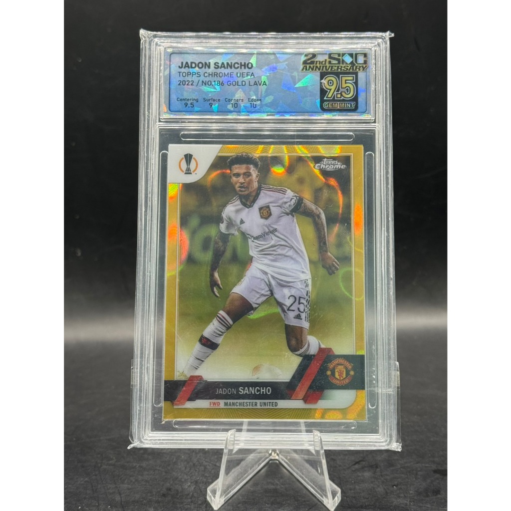 **SQC 9.5 GEM MINT Jadon Sancho 2022 Topps Chrome UEFA Gold Lava Refractor Base Card #186 Man Utd**