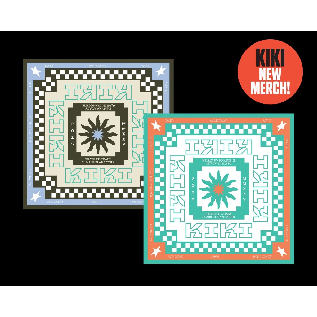 Bandana พิมพ์ลายวง KIKI ลายอัลบั้ม DEATH OF A DAISY & BIRTH OF AN OYSTER (2025) - ผ้าสีส้ม/เขียวอ่อน - รูปที่ 2