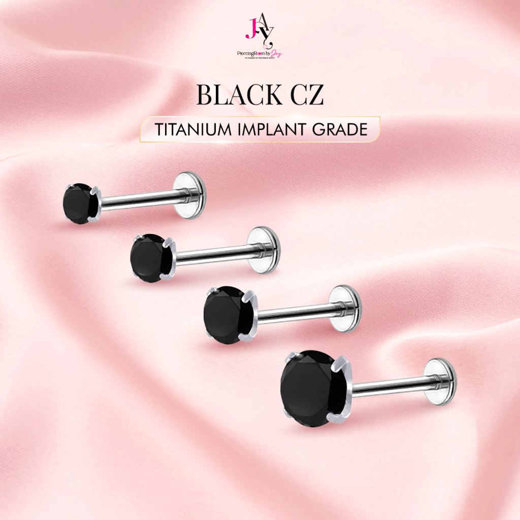Piercingroom by Jay จิว/ต่างหูแป้นแบน สำหรับผิวแพ้ง่าย Black CZ Titanium เกรดการแพทย์ (ราคาต่อชิ้น)