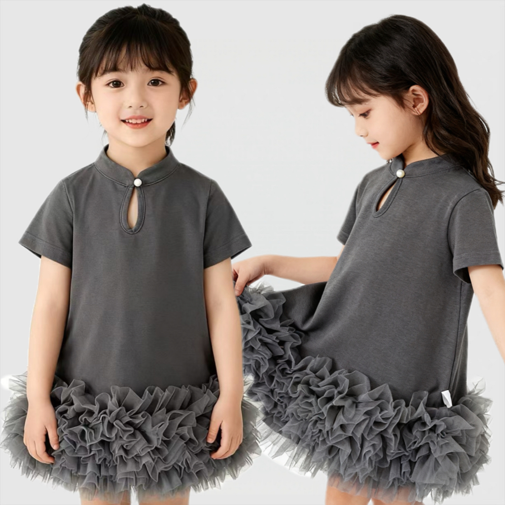 MC158 ชุดเดรสเด็กผู้หญิง สีเทา แขนยาว ขนฟูรอบชายกระโปรง โทนหวานน่ารัก สไตล์เกาหลี ลูกคุณ ใส่สบาย ไม่ร้อน