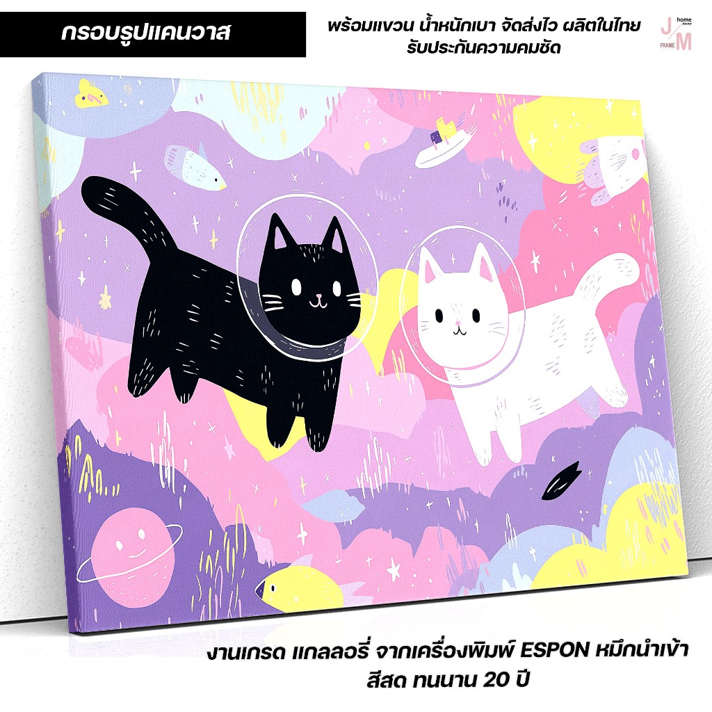 กรอบรูปแคนวาส ลายแมวอวกาศน่ารัก แต่งบ้านด้วยรูปภาพศิลปะสีพาสเทล C-598
