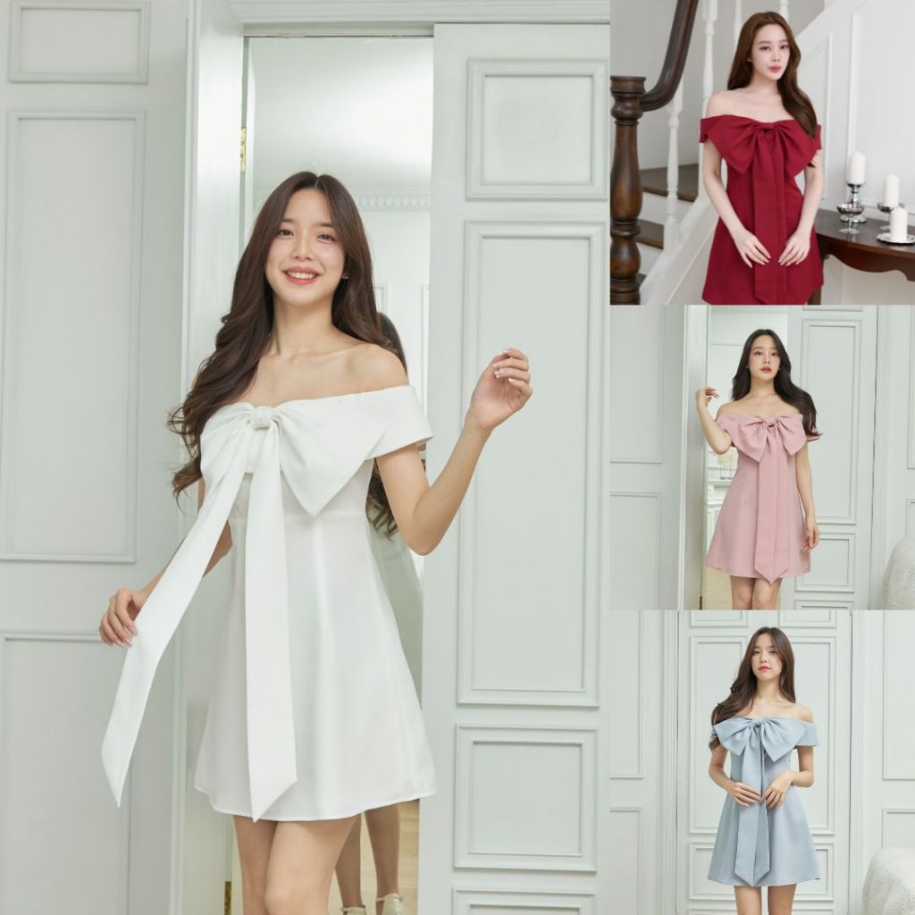 Pirunya - Mini Dress 34 เดรสสั้น มินิเดรส ปาดไหล่ ติดโบว์