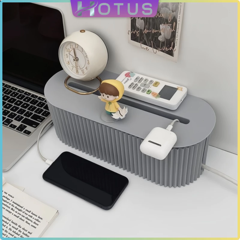 HOTUS กล่องเก็บแผงปลั๊กไฟเดสก์ท็อป พร้อมฝาปิด สายไฟไม่พันกัน กล่องพลาสติกเก็บปลั๊กไฟ กล่องจัดระเบียบเปิดปิดได้ จุได้เยอะ