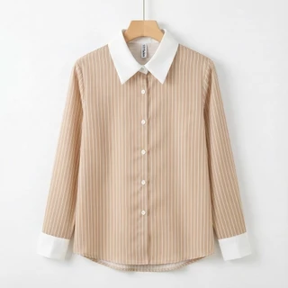 D017 เสื้อเชิ้ตแฟชั่นผ้าซาตินพรีเมี่ยม​ ลายริ้ว ผ้าลื่นๆเย็นๆ ใส่สบาย