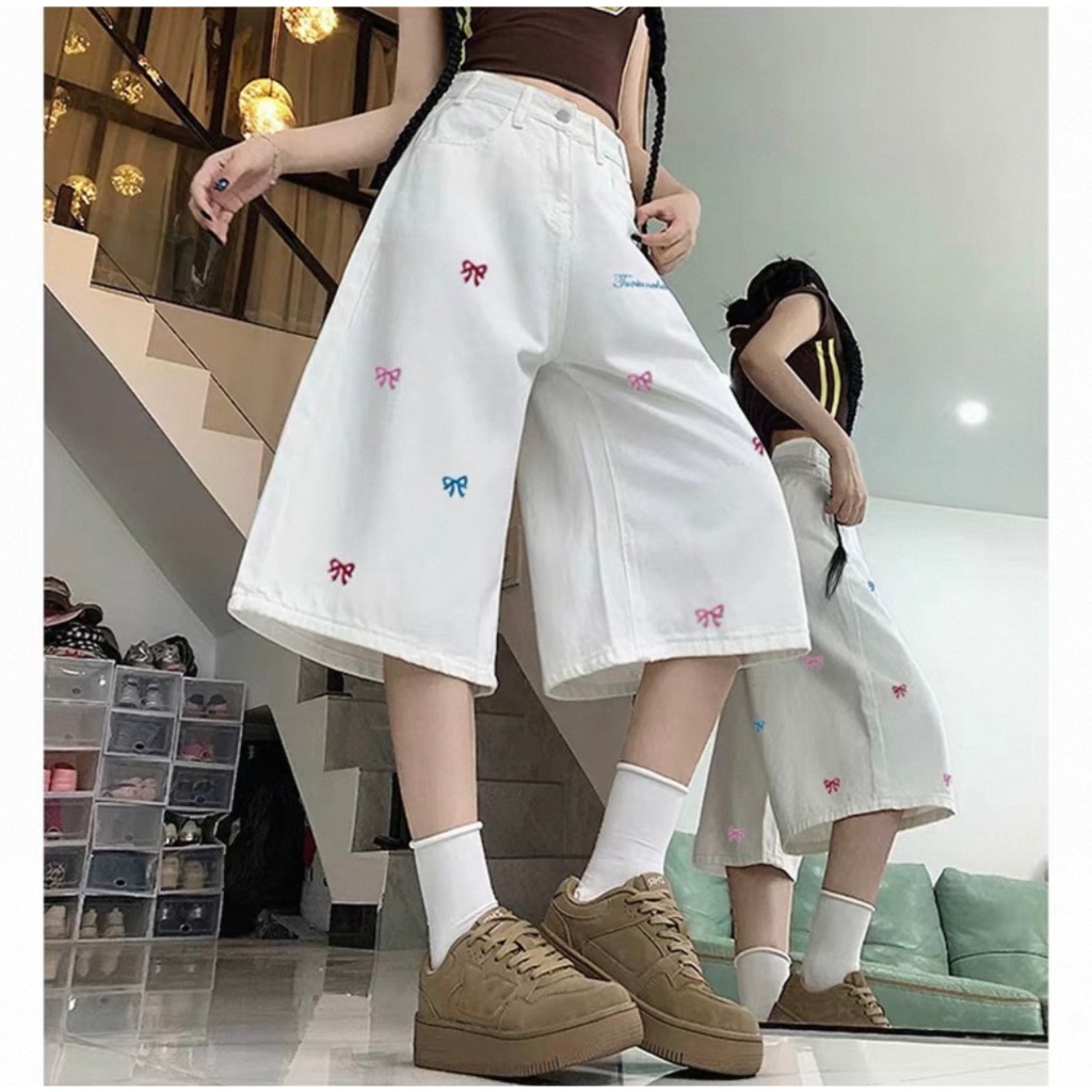 พร้อมส่ง S-10XL กางเกงยีนส์ 7 ส่วน 4 กระเป๋า งานปักโบว์ ผ้ายีนส์นิ่มไม่บางระบายอากาศได้ดี ราคา ถูกที่สุด ดีลบีเคเค แกลเลอรีภาพที่ 8