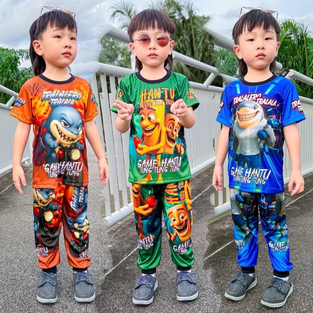 ชุดเซ็ทรุ่นทุงทุง เสื้อแขนสั้น+กางเกงขายาว ชุดเด็ก ลายการ์ตูน ผ้าไมโครไฟเบอร์ ปลายขาจั๊ม