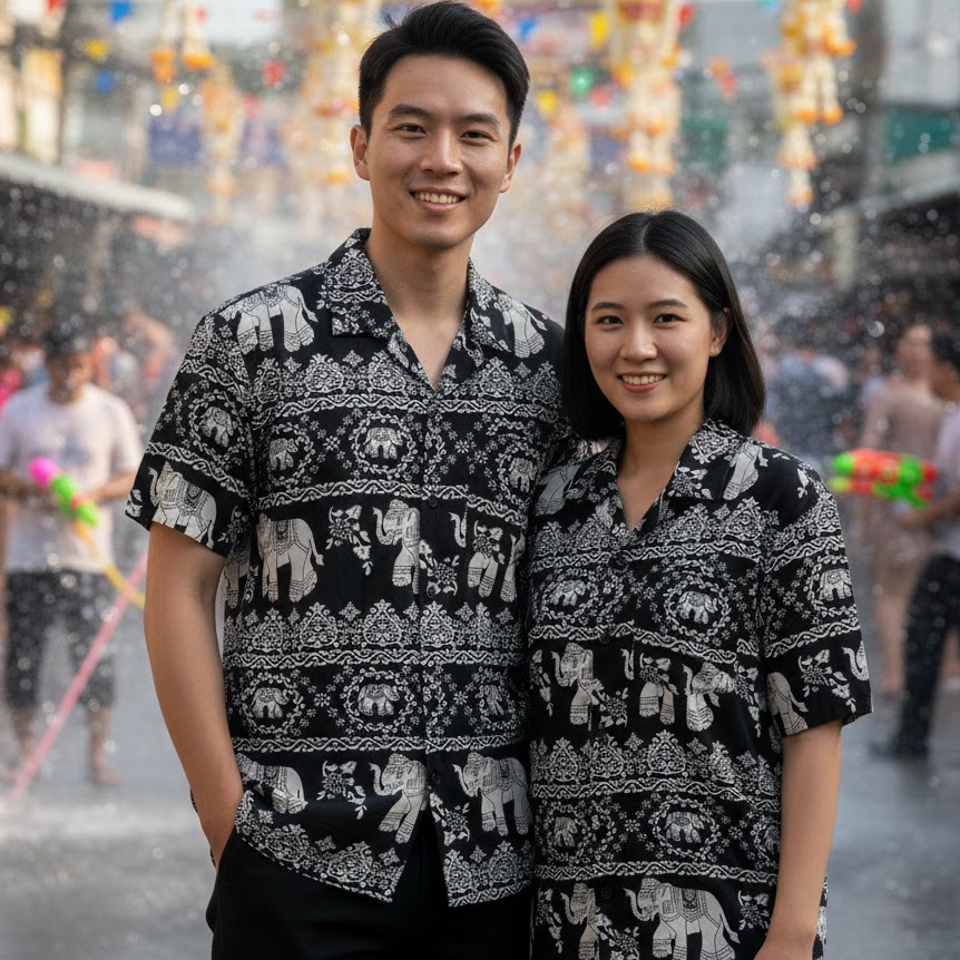 เสื้อเชิ้ตแฟชั่นสไตล์ไทย ลายช้างสุดเท่ ทรงเสื้อใส่ได้ทั้งผู้ชายและผู้หญิง#E952-1