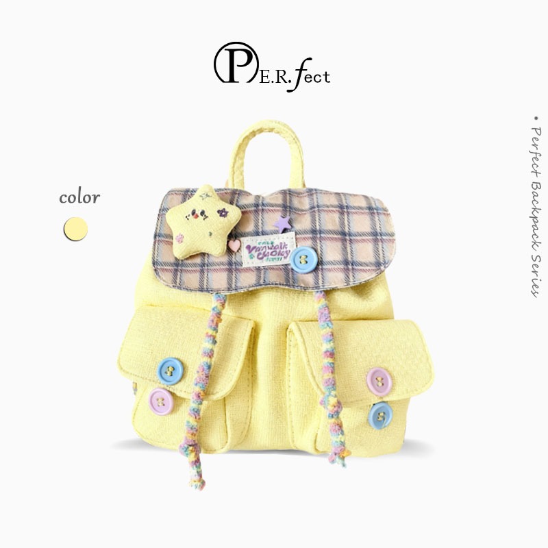 💖PERFECT💖กระเป๋าเป้น่ารักสไตล์เกาหลี สำหรับผู้หญิง เป้ลายดาวสีเหลือง สำหรับฤดูร้อนและวันพักผ่อนชายหาด