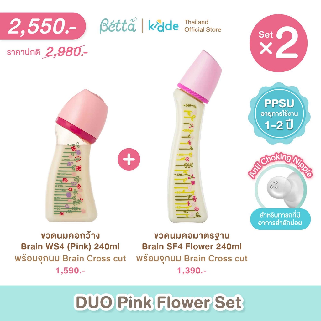 Dr.Betta طقم رضاعتين Duo Pink Flower PPSU ‏240 مل