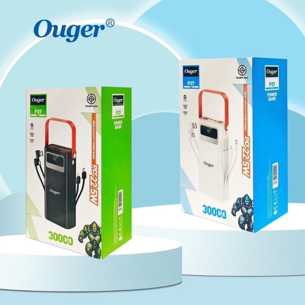 Powerbank Ouger P37 30000 mAh ชาร์จพลังงานแสงอาทิตย์ มีสายชาร์จในตัว สำหรับพกพา