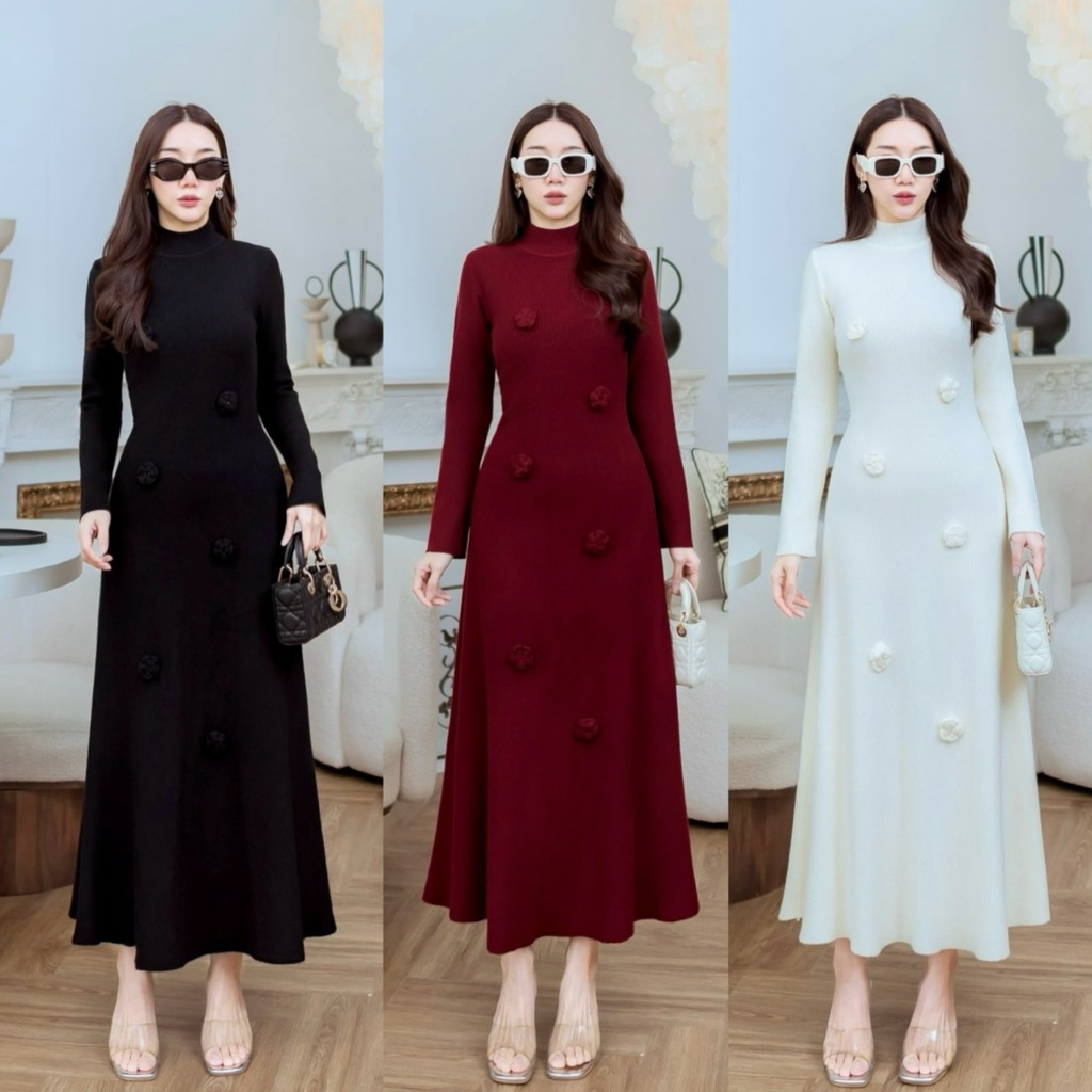 J1869 JiraClothing เดรสไหมพรมคอสูงแขนยาว ดีเทลดอก 3D ติดหน้า