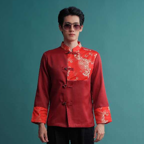 (JUN) CNY Shirt เสื้อตรุษจีนผู้ชาย สีแดงเข้มแต่งลายแดงสด รุ่น LHONG