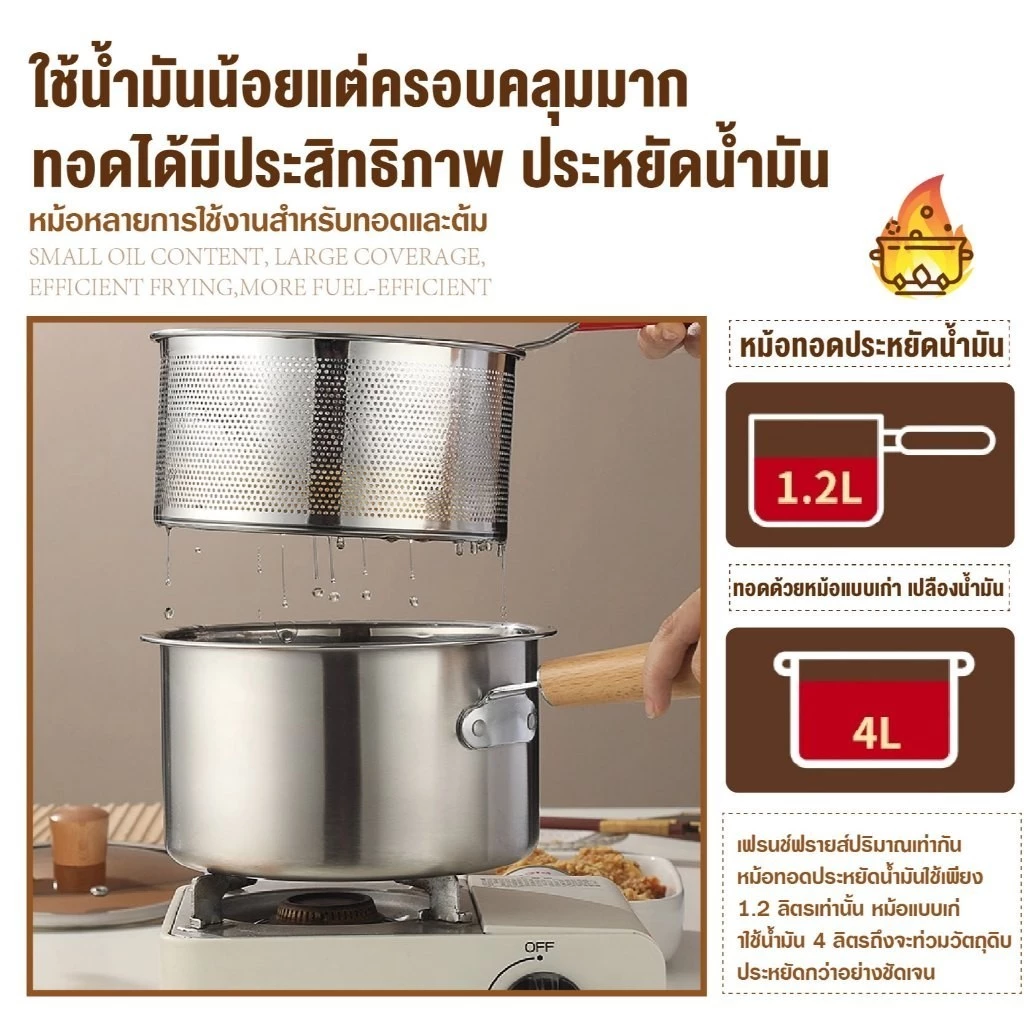 หม้อทอดขนาดเล็ก หม้อทอดสแตนเลส304พร้อมฝาปิด+ตะแกรงกรองน้ำมัน+ที่คีบอาหาร หม้ออเนกประสงค์ ขนาด18CM thumbnail 5