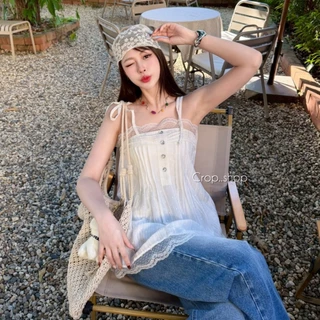 crop..shop มินิเดรสลายจุด งานสายเดี่ยว คุณหนู งานน่ารัก ละมุนสุด เเต่งชายระบายงาสวย งดงามปังเวอร์