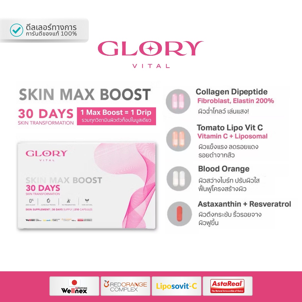 ใหม่ ! GLORY 30DAYS Skin Max Boost วิตามินผิว 4 สูตร กลอรี่วิตามินดริปผิว + แอสต้าแซนธิน + คอลลาเจน 