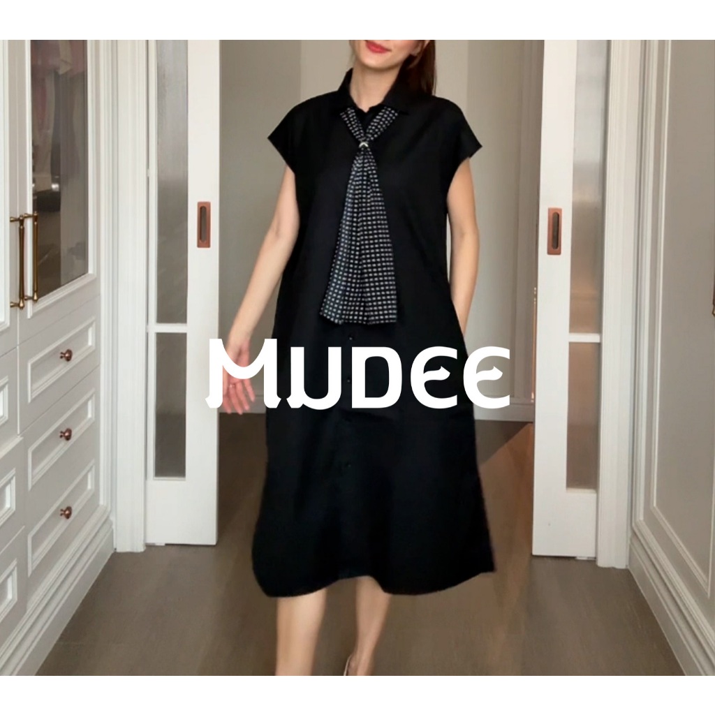 MUDEE ชุดเดรสคอตตอน แขนล้ำ สีดำ แถมฟรีผ้าพันคอ Cotton Sleeveless Dresses – BLACK