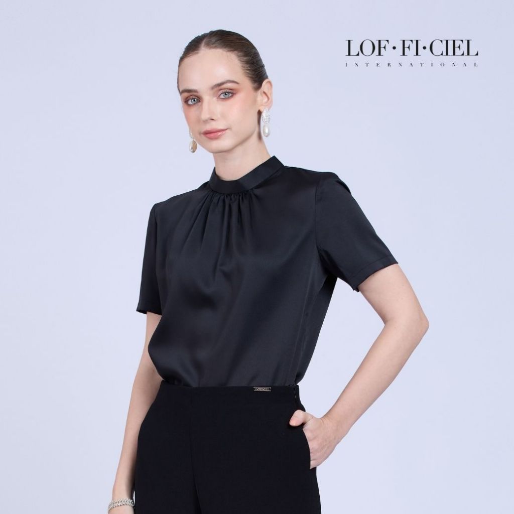 LOF-FI-CIEL Woman’s blouse Silk Satin เสื้อผู้หญิง คอตั้ง แขนสั้น สีดำ F9XXBL ราคา ถูกที่สุด ดีลบีเคเค