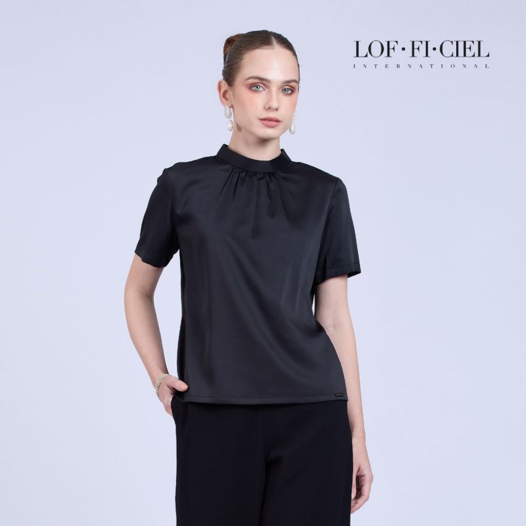 LOF-FI-CIEL Woman’s blouse Silk Satin เสื้อผู้หญิง คอตั้ง แขนสั้น สีดำ F9XXBL ราคา ถูกที่สุด ดีลบีเคเค แกลเลอรีภาพที่ 4