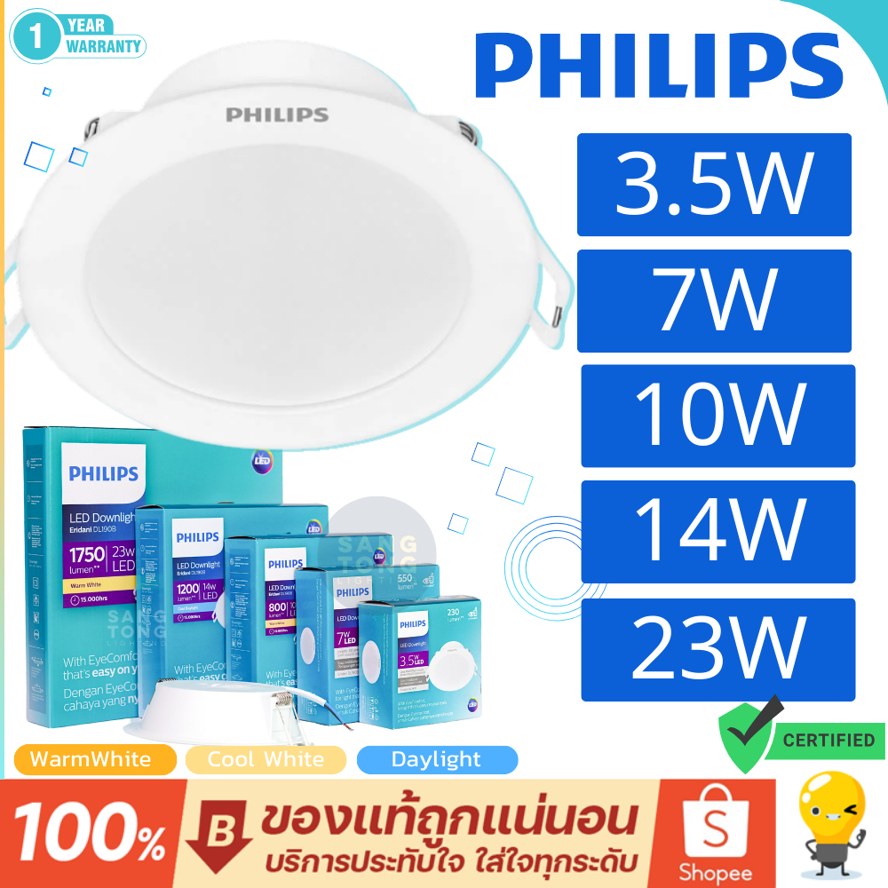 Philips Panel LED รุ่น Eridani โคมไฟ ดาวน์ไลท์ หน้ากลม 3.5w 7w 10w 14w 23w ประกัน 1ปี ใหม่กว่า meson