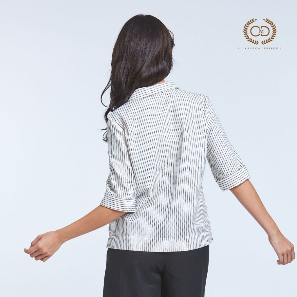 C&D woman's blouse Minimal Black เสื้อผู้หญิง ลายปัก ปกฮาวาย แขนสามส่วน สีเบจ CY96BE - รูปที่ 2