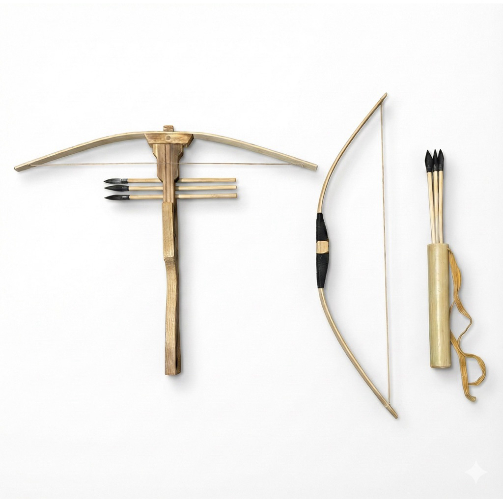 ธนูและหน้าไม้ ของเล่นเด็กจำลอง ทำจากไม้ไผ่ ลูกศรหัวยาง คันธนูคละสี