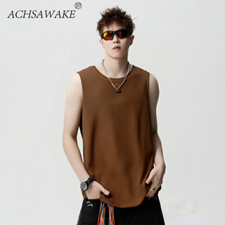 ACHSAWAKE ชายเสื้อคอกลมแขนกุดร้อยแขนกุดพิมพ์ด้านล่างเสื้อยืด