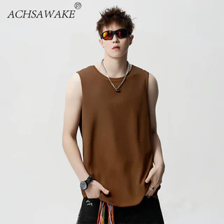 ACHSAWAKE ผู้ชายเสื้อกั๊กสะดวกสบายง่ายต่อการผ่อนคลายแขนกุดสีทึบ