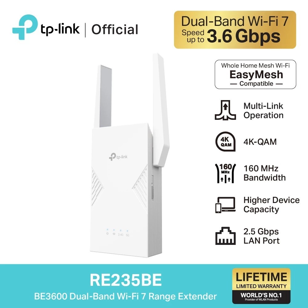 TP-LINK (RE235BE) BE3600 Dual-Band Wi-Fi 7 Range Extender Mesh Wi-Fi ทั่วทั้งบ้านแบบไร้รอยต่อ