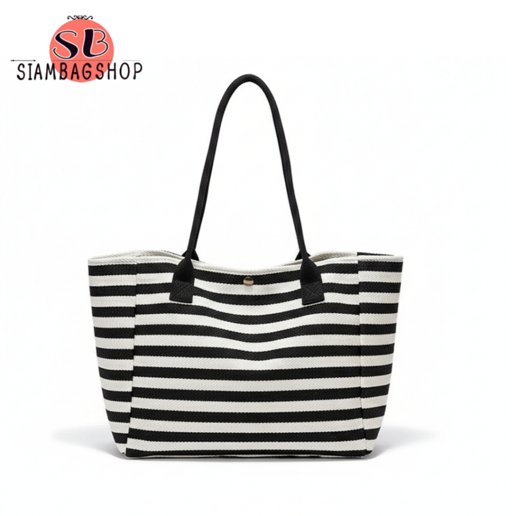 SIAMBAGSHOP(S2442) กระเป๋าผ้าแคนวาส ลายริ้ว ใบใหญ่ ขนาด18.5 นิ้ว