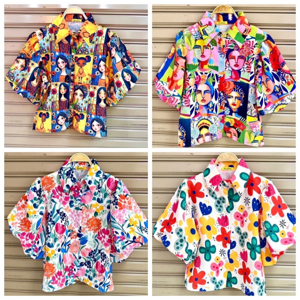 เสื้อเชิ้ตผ้าบับเบิ้ลพิมพ์ลายแขนบอลลูนงานป้าย Suri อก 40 นิ้ว ยาว 22 นิ้ว