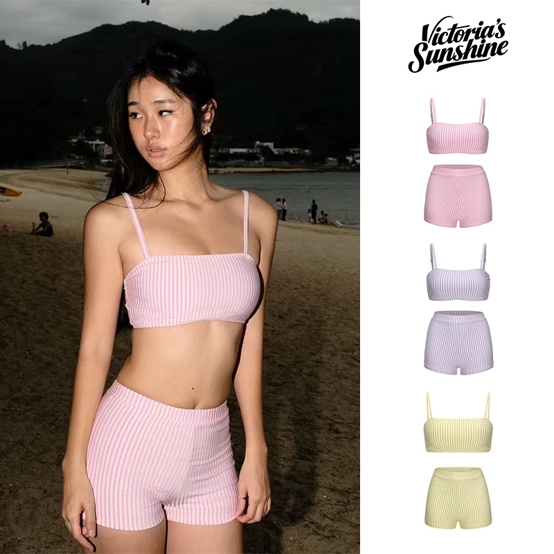 ☀️จัดส่งตอนนี้☀️ชุดว่ายน้ำผู้หญิง bikini ทูพีช เซ็กซี่ เอวสูง ลายทาง swimming#1054