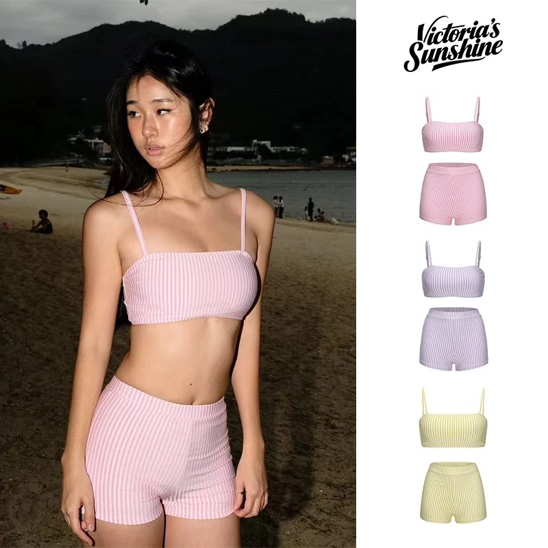 ☀️จัดส่งตอนนี้☀️ชุดว่ายน้ำผู้หญิง bikini ทูพีช เซ็กซี่ เอวสูง ลายทาง swimming#1054