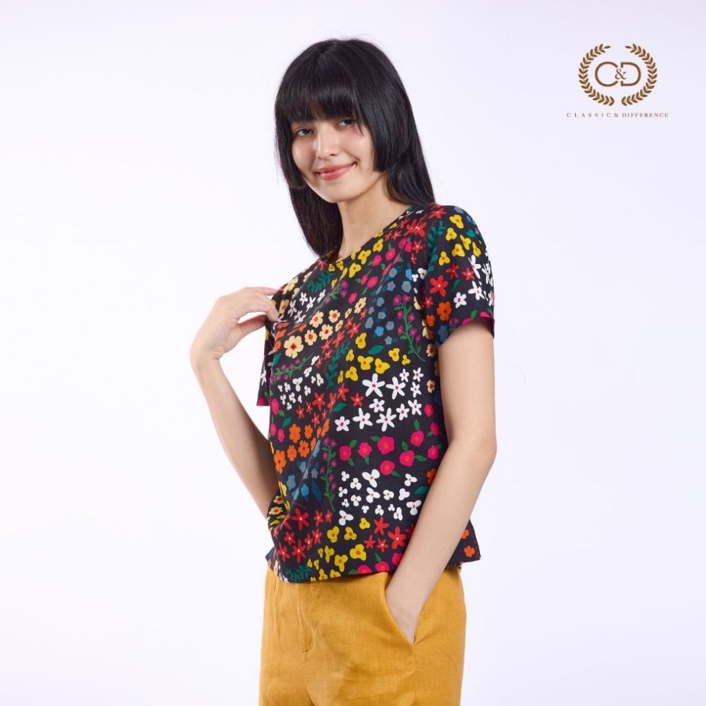 C&D เสื้อผู้หญิง แบล็ค โคบานะ คอกลม แขนสั้น สีดำ CBBWBL