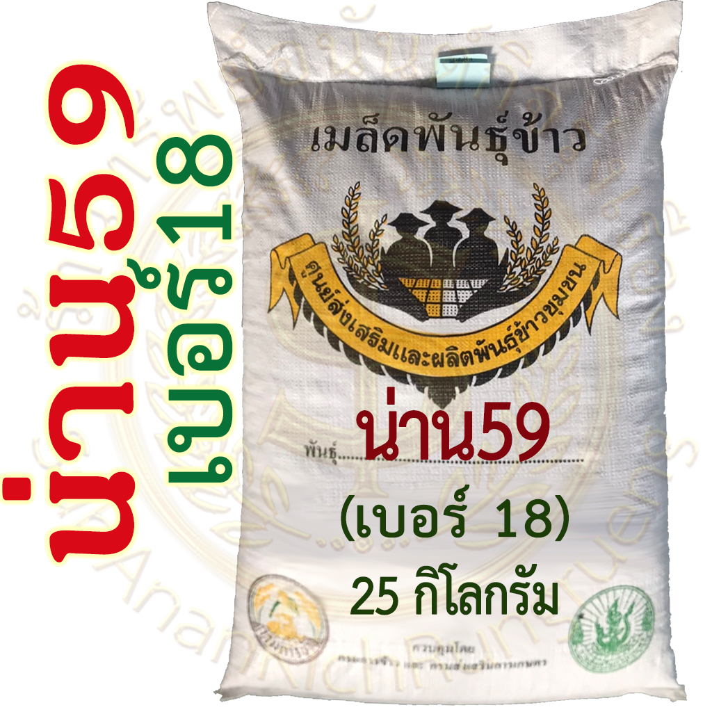 เมล็ดพันธุ์ข้าว น่าน59 เบอร์18 หอมอ่อนนิ่มต้านทานโรคผลผลิตสูง
